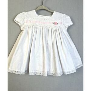 C. I Castro & Co Dress Baby Girl 12 Mos White Pink Eyelet Puffed Sleeves Party